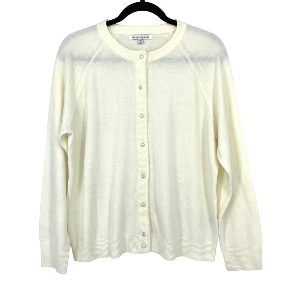 Mercer Street Studio Crew Neck Button Front Cardigan Sweater Womens Sz PL Cream